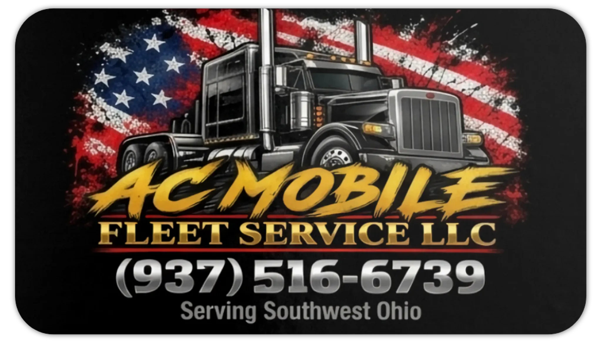 AC Mobile Fleet Service LLC — black semi truck with an American flag, serving Southwest Ohio